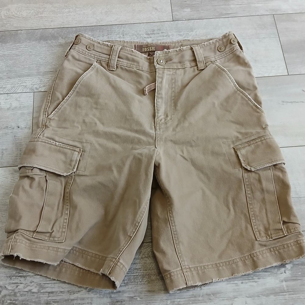Fossil Mens Cargo Shorts Khaki Brown Cotton Casual Utility Outdoor Size 28